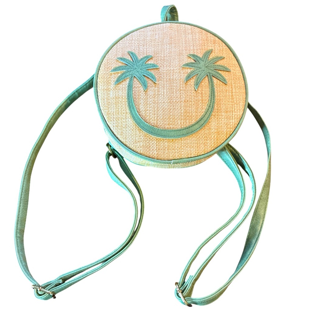 Smiling Palm Tree Circle Backpack Purse Whimsical Happy Cheerful Fun Green Beige